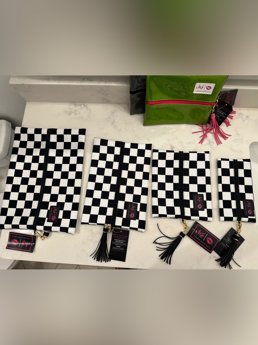 Makeup Junkie Black & White Checkered zip Pouch set with black Tassel/interior